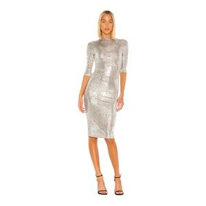 Alice + Olivia Delora Metallic Midi Dress in Silver Size 4 Holiday Dress ✨🪩